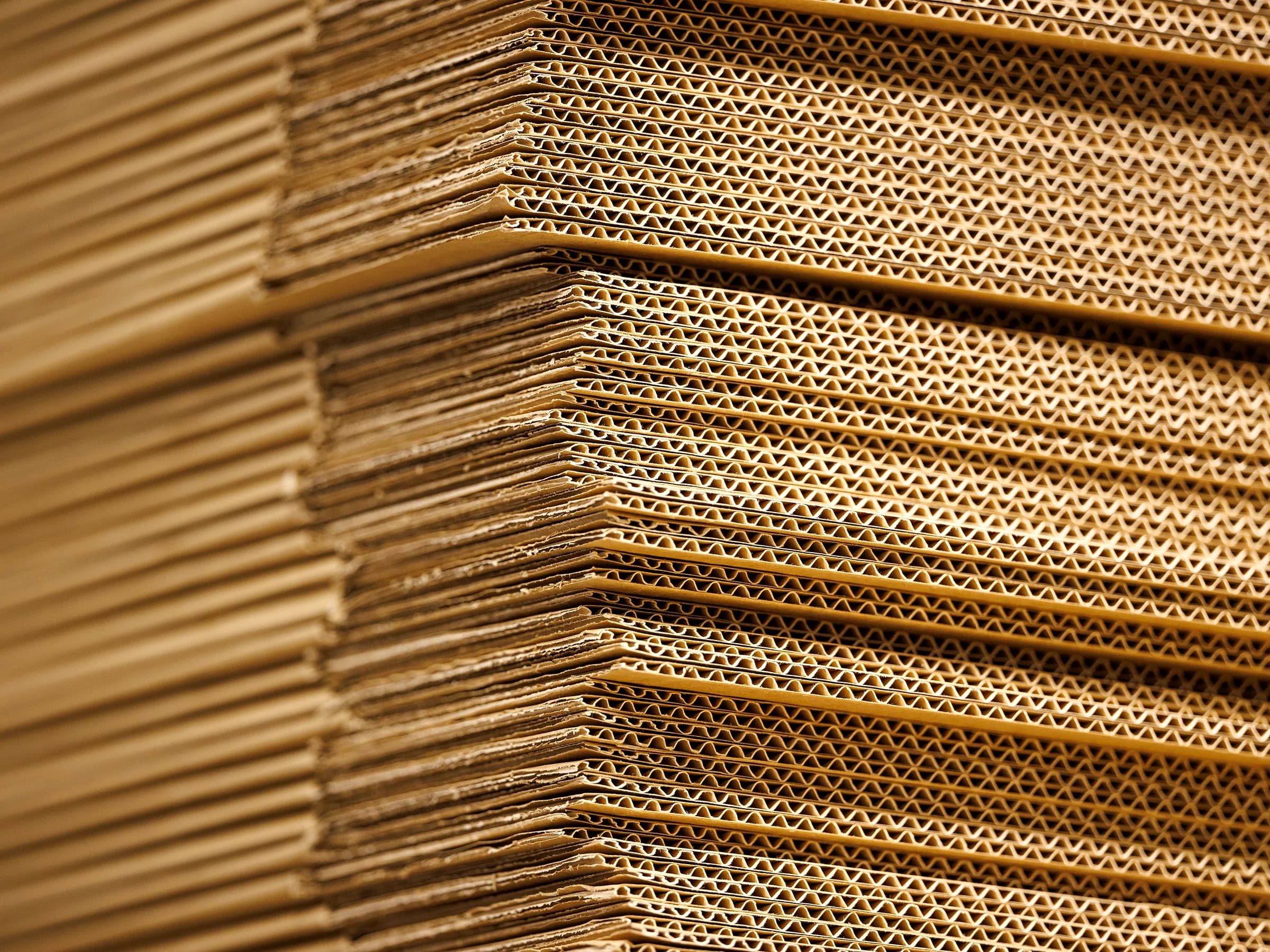 Close view of corrugated board layers showing fluting and liners