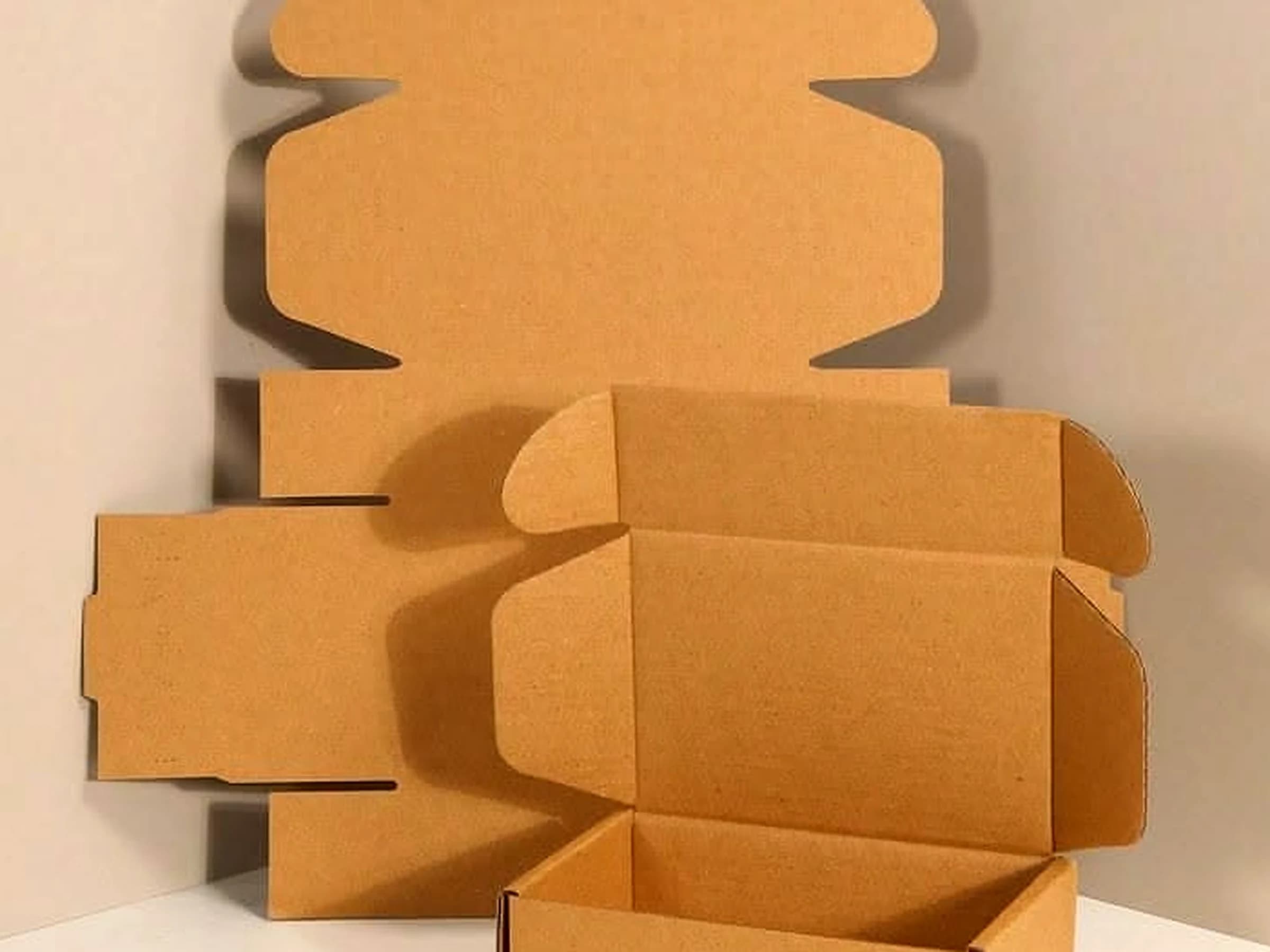 Unbranded kraft die-cut mailer box beside its flat die-cut blank