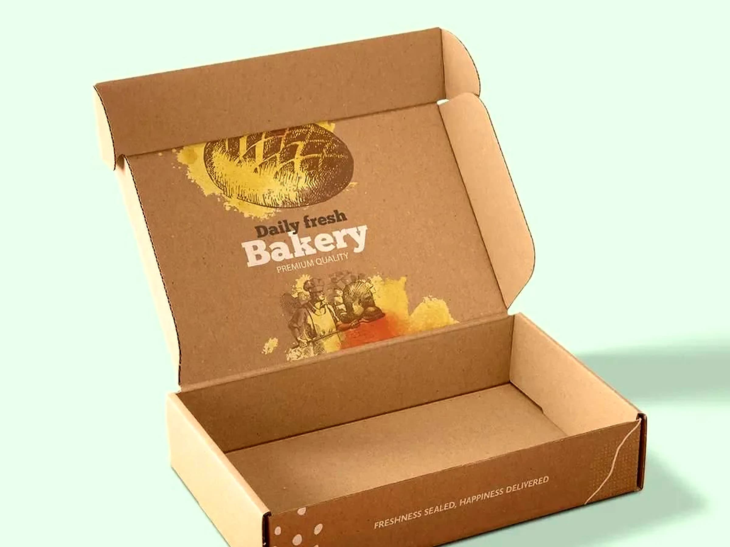 Open kraft mailer box with bakery-themed offset print inside the lid
